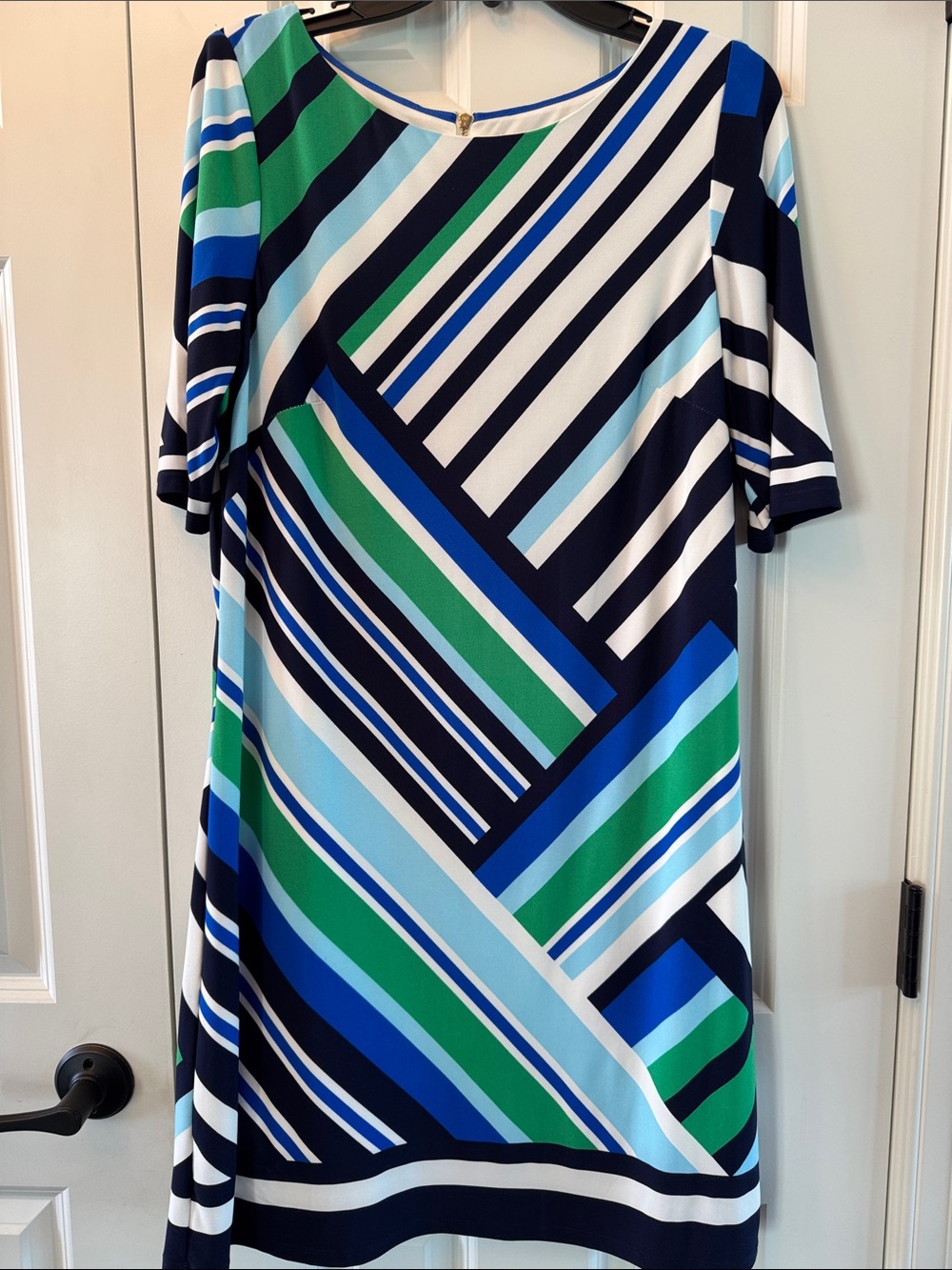 Eliza J Geometric Stripe Midi Dress in Blue, Green & White